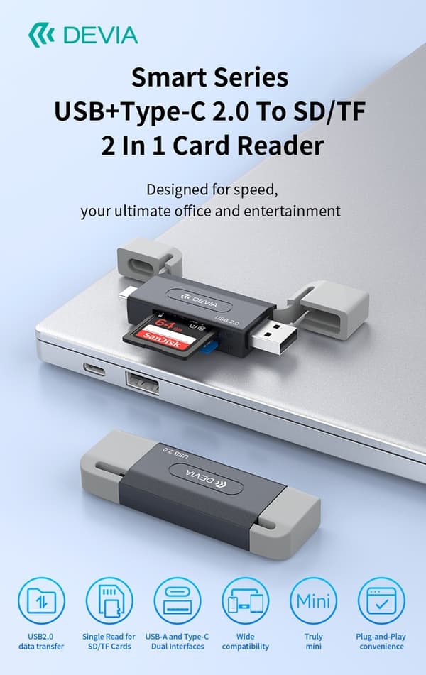 Devia Smart Series USB+Type-C 2.0 till SD/TF 2-i-1 Kortläsare card reader Black