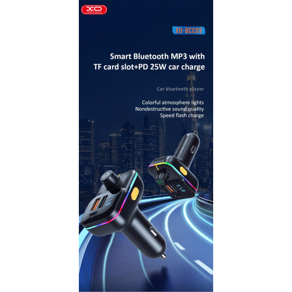 Bluetooth FM-sender 25W biloplader med 1 X USBC, 2XUSB opladning Black