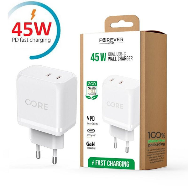 45W Snabbladdare PD Dual USB-C för iPhone, Samsung, iPad Vit