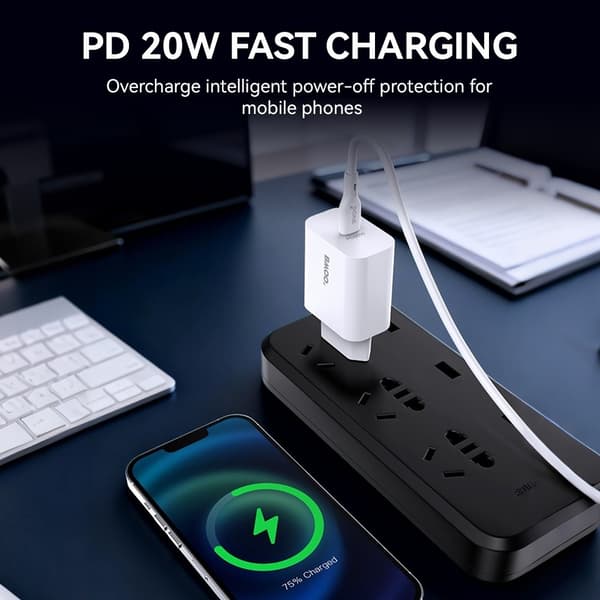BWOO USB-C Snabbladdare med USB-C Kabel för – iPhone, Samsung & Android White