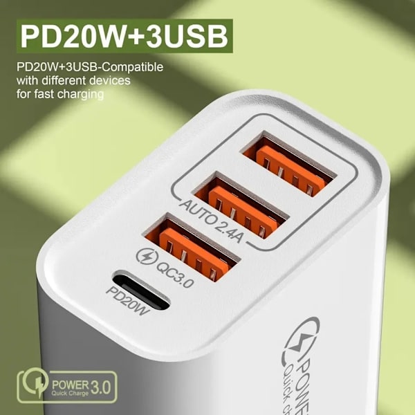 iPhone, Samsung QC3.0 Snabb 17w Väggladdare 1xUSB-C 3xUSB Vit White