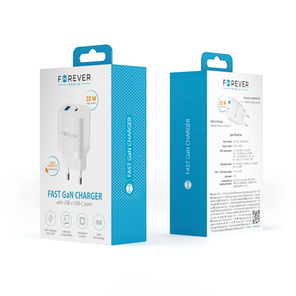 Snabbladdare för iPhone / Samsung 33W PD USB-C, USB för Väggladdare White