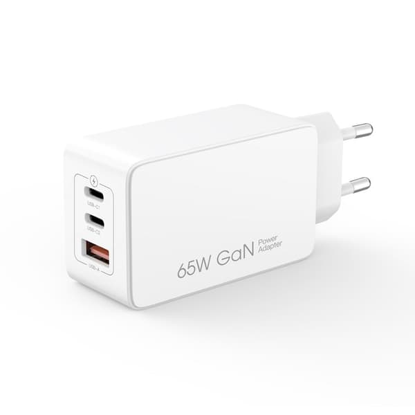 65W Snabbladdare Setty GaN PD QC Dual USB-C, USB-A för iPhone, Samsung, iPad Vit