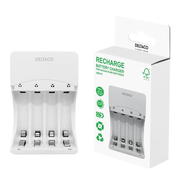 DELTACO USB Batteriladdare AA/AAA – NiMH Laddare med USB-C (4 Platser) Silver