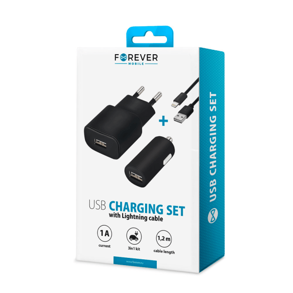 FOREVER Vægoplader + Lightning kabel + Biloplader Black