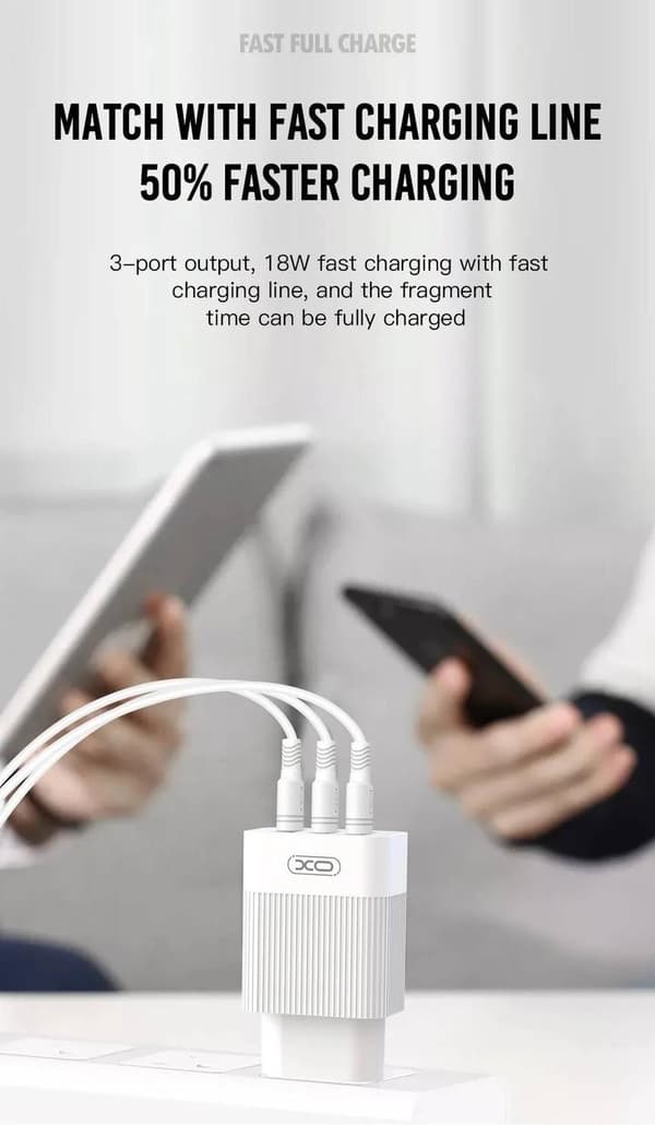 iPhone Samsung QC18W Hurtig opladning Vægoplader 3xUSB White