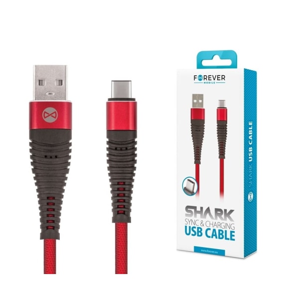 FOREVER USB-C Shark 2Amp Hurtigopladningskabel til smartphones-1m Red