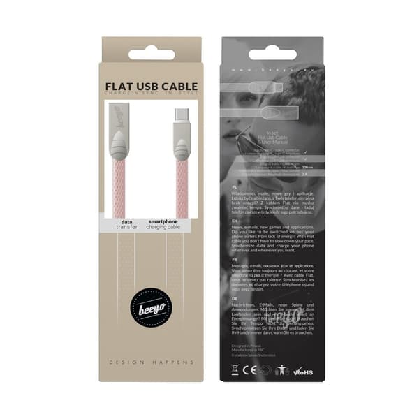 Beeyo USB-C 2Amp Flat kabel för Smartphones - 1m Pink