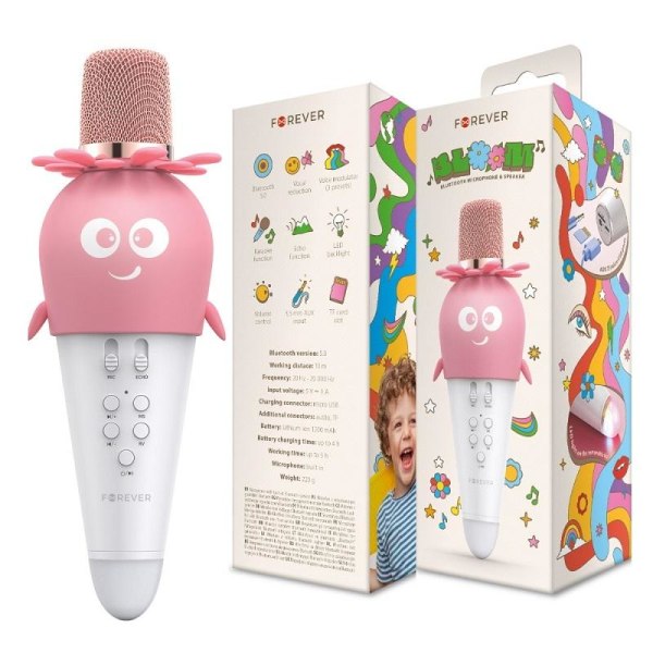 Forever Karaoke Bloom Mikrofon med Bluetooth-högtalare - Rosa Pink