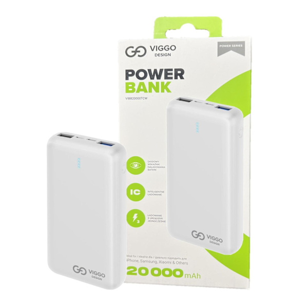 20000mAh Viggo Design Powerbank USB-C hurtigopladning Hvid White