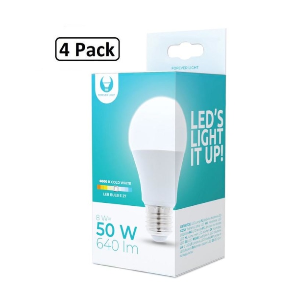 4 kpl Forever viileä valkoinen LED-lamppu E27 8W 640lm (6000K) White