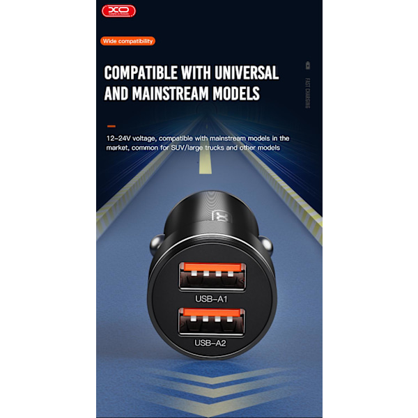 Universal Billaddare Snabbladdning Dual USB 2,4A iPhone/Android Svart