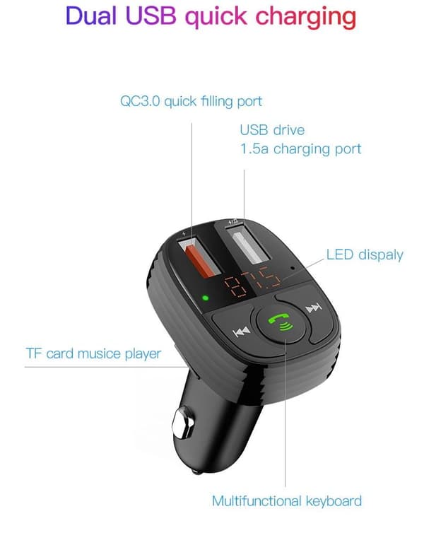 QC 3.0 Bluetooth FM Sändare MP3 2USB Billaddare Devia Svart