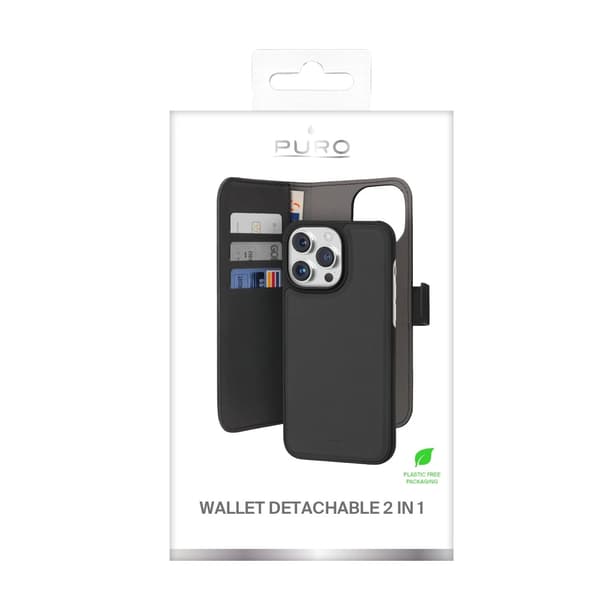iPhone 15 Plus - Puro Ekoläder 2-i-1 Löstagbart Plånboksfodral Svart Black