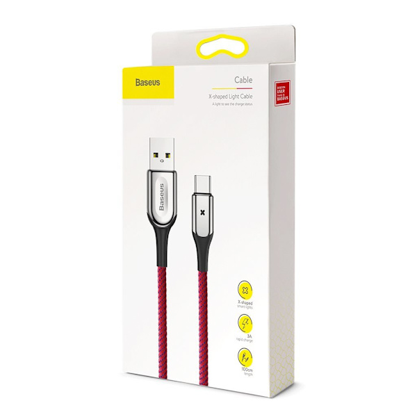 Baseus USB-C 3Amp oprullet ladekabel - 50cm Red