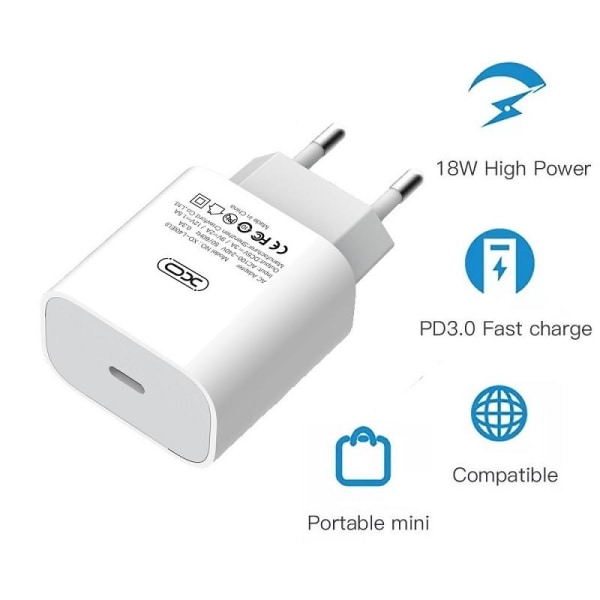 Snabbladdare för iPhone / Samsung 18W PD USB-C Väggladdare White