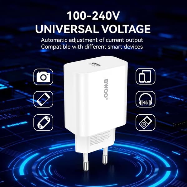BWOO USB-C Snabbladdare med USB-C Kabel för – iPhone, Samsung & Android White