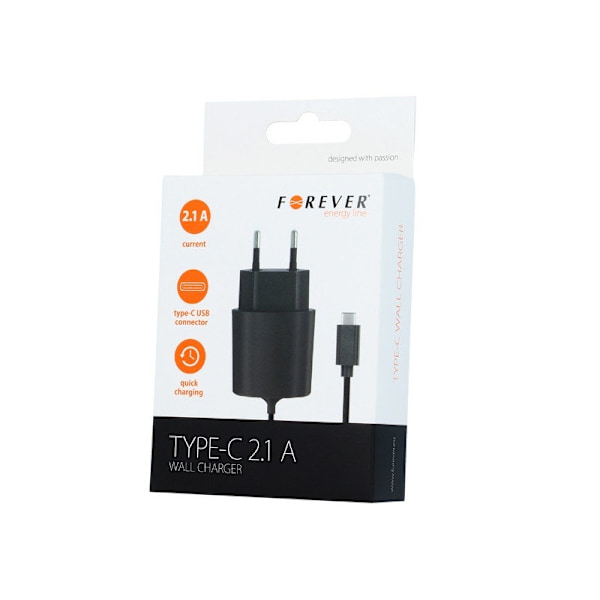 Forever 2.1A USB-C rejseoplader Vægoplader Black