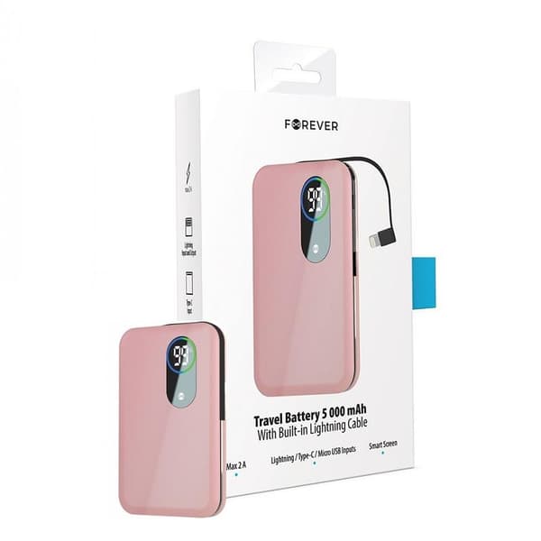 Fore Core Powerbank 5000Mah Snabbladdning med Lightning-kabel Pink