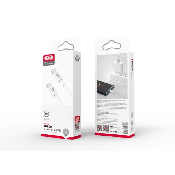 60 W USB-C - USB-C PD 2m Pikalatauskaapeli Samsung, iPhone White