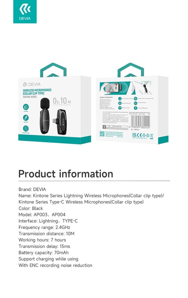 Devia Kintone Trådlös Mikrofon – USB-C (Typ-C) – Kompatibel med iPhone 15/16, Samsung Svart