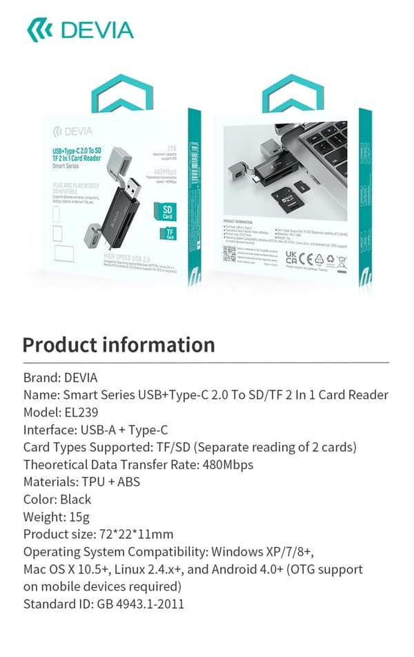 Devia Smart Series USB+Type-C 2.0 till SD/TF 2-i-1 Kortläsare card reader Black