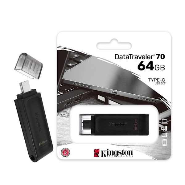 64GB Kingston DataTraveler USB 3.2 med USB-C-kontakt Sort