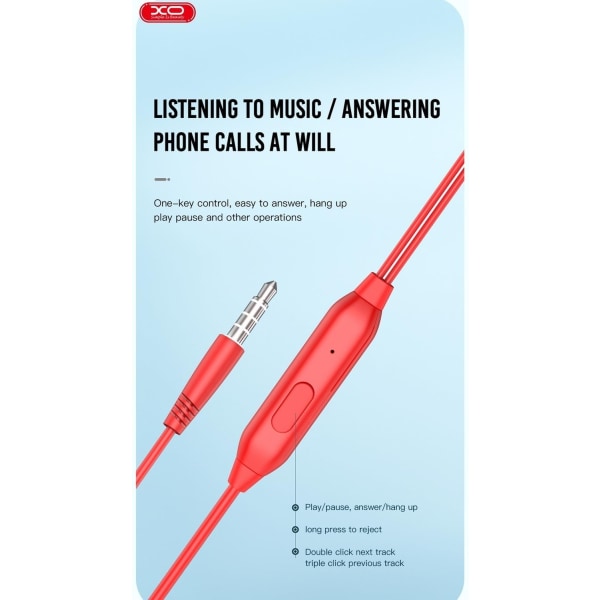 In-Ear langalliset kuulokkeet mikrofonilla 3,5 mm iPhone Samsung Red Red