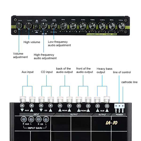 Biljud Modifierad Grafisk Equalizer EQ 7s Biljud Stereo Tuner med 3,5 mm Aux-ingång och Vred