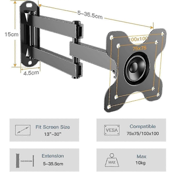 Tv Vægbøjle Svingbar Vipbar Udtrækkelig, Fuld Bevægelses Tv Vægbøjle Til De Fleste 13-30 Tommer Flade/Buede Tv, Holder Op Til 10kg, Vesa 100x100mm/75x75mm (13-30