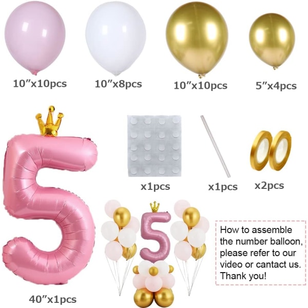 Pink krone nummer 5 ballon, 40' stort nummer folieballon med latex balloner, 5-års fødselsdagsdekorationer pige 33. fest (Pink 5)