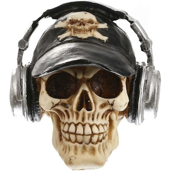 Hodeskalle med Hodetelefon Ornament, Halloween Resin Skjelett Hodeskalle Figur Skulptur iført Hodetelefoner Skrivebordsdekorasjon