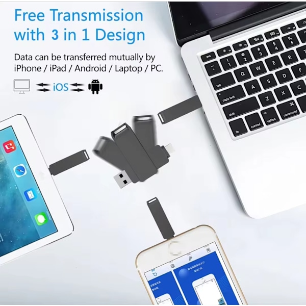 256 Gt:n USB-muistitikku, Ulkoinen USB 3.0 -muistitikku MFI-salaman, USB 3.0, USB C 3-in-1 Silver
