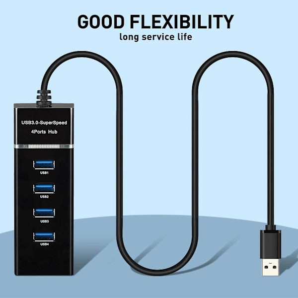 USB 3.0 Hub med Strömförsörjning, 4 Portar, Bärbar USB-Datahub, Delare, Adapter