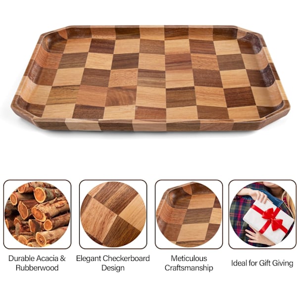 Wooden Tray, Rectangular Tray, Checkerboard Tray Coffee Table Tray Decorative Tray for Food Serving Home Decoration (34*22*2cm)