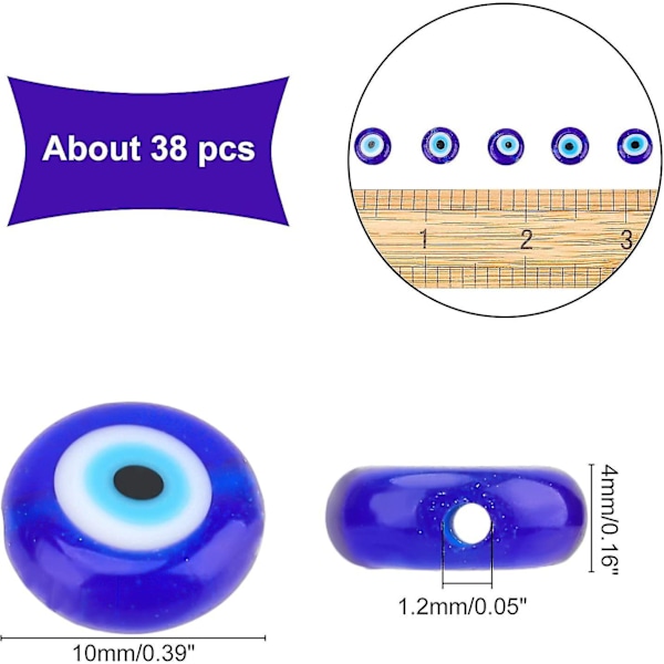 14.1\"/streng (ca. 38 stk) 9.5mm-10.5mm Håndlagde Ondt Øye Lampwork Perler, Blå Farge Flat Rund Lampwork Spacer Perler DIY Håndverk