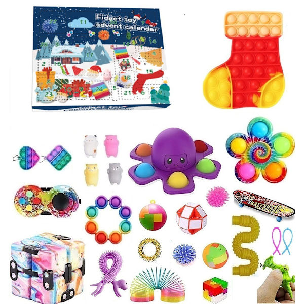 Julkalender med 24 stycken slumpmässiga kläm-leksaker i blindboxar för barn sock