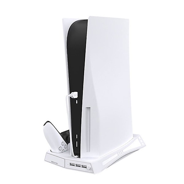 Vertikal viftestativ for PS5 med 3 USB-hubber & dobbel kontrollerlading for PS5 Digital/CD-ROM - Hvit