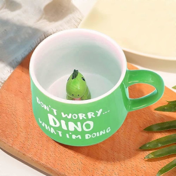 3D Dinosaur Kaffekopp, 12oz Morsom Tegneserie Dyre Håndlaget Figur Mjølketekopp, Julegave Bursdagsgaver til Venner Barn Jenter Kone Bestemor Tante (