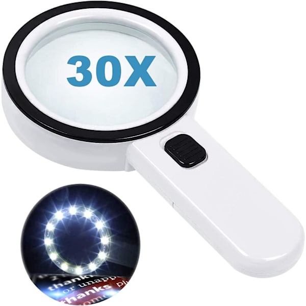 Suurennuslasi 12 LED-valolla, 30x kaksinkertainen lasilinssi, käsikäyttöinen valaistu suurennuslasi lukemiseen