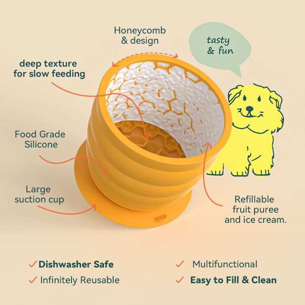 Kæledyrs skål til langsom fodring med sugekop for at forhindre kvælning, skål til langsom fodring, katte- og hundeslikkeskål Yellow