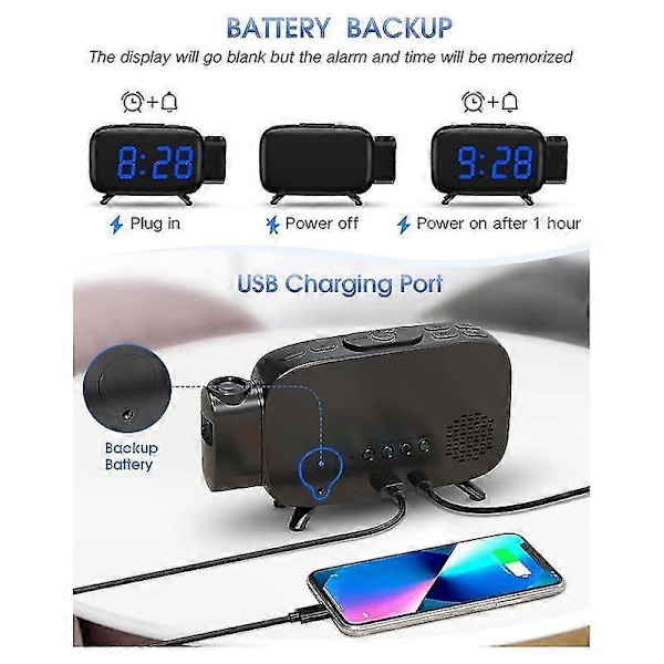Projektionsväckarklocka med radio, 180° projektor, 7 ljud, dubbla alarm, snooze, dimbar LED-display för barn