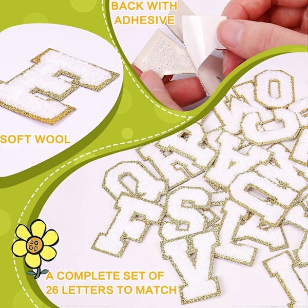 26 stk. Wron hite IOn Bokstavmerker, A-Z Selvklebende Chenille Bokstavmerker Applikasjon Sy Klær Merker med Glitterkant for DIY Skjorter