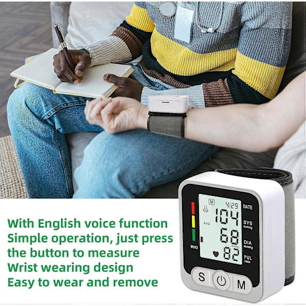 Blodtrycksmätare handled, Automatisk handledsblodmätare sphygmomanometer med justerbar manschett & LCD-display för hem & kliniskt bruk, 2x99 avläsningar