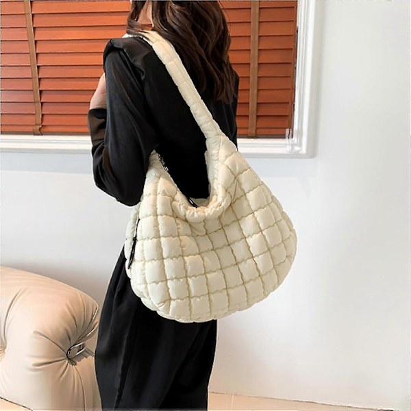 Puffig Crossbody Väska Lättviktig Quiltad Puffig Tygväska Puffig Axelväska Quiltade Väskor för Kvinnor (Off white) fri leverans linzero