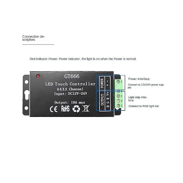 Gt666 RGB LED-kontroller Trådløs RF Berøringsfjernkontroll DC 12V 24V 18A 3 Kanaler Lysbånd Dimmer Bryter