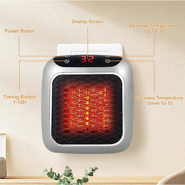 Bärbar Fläktvärmare, 800W Keramisk Vägguttag Fläktvärmare, Elektrisk Fläktvärmare med Fjärrkontroll, 12 Timmars Timer, LED-Display