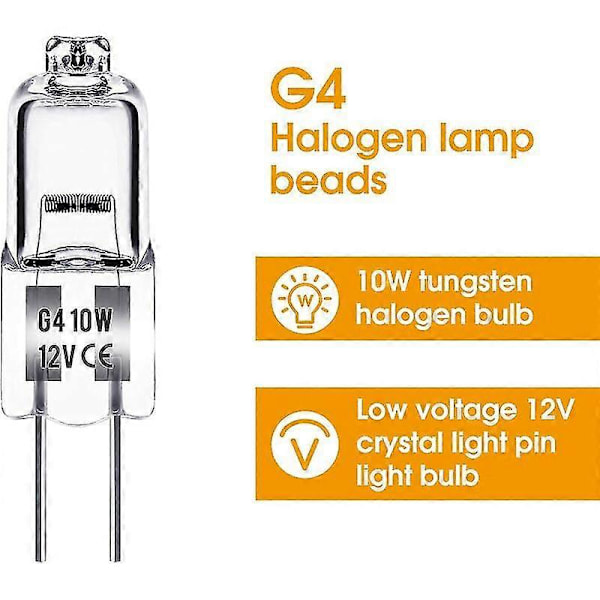 10 stk G4 Halogen Pærer, 12v 20w G4 Pære, Varmt Hvidt 3000k, 150lm, Dæmpbar, G4 Halogen Lampe