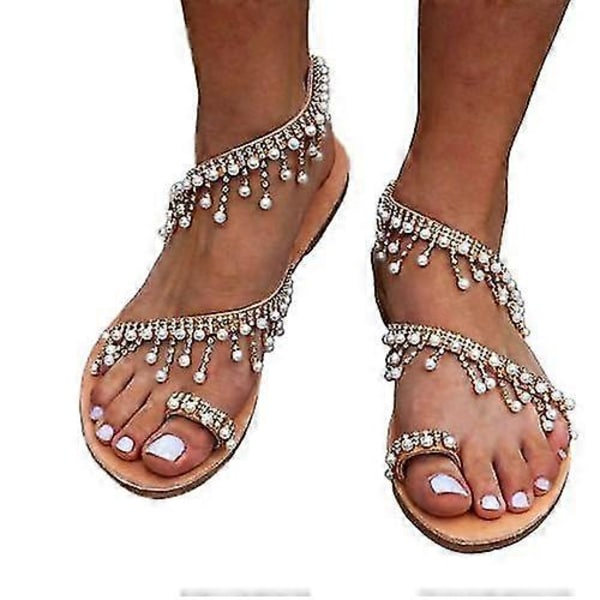 Damklackar med Falska Pärlor, Snygga Rhinestone-Tåremmar, Slip-On-Skor, Utomhusstrand Sandaler med Halkskydd