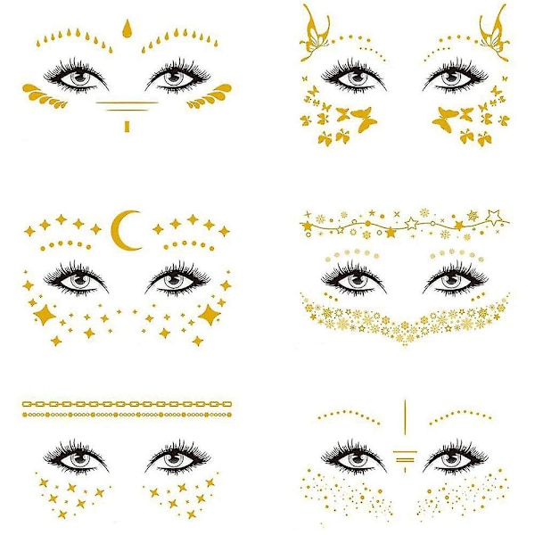 6 stk. Ansigts Tatoveringer Sticker, Ansigts Guld Midlertidige Overførsel Tatovering Til Kvinder Piger Halloween Makeup Danser Kostumefester